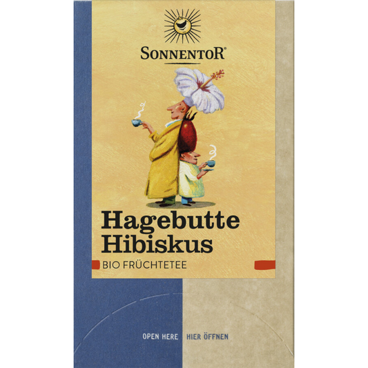 Sonnentor Hagebutte Hibiskus Bio Früchtetee im Beutel, farbenfrohe Verpackung mit orientalischer Illustration