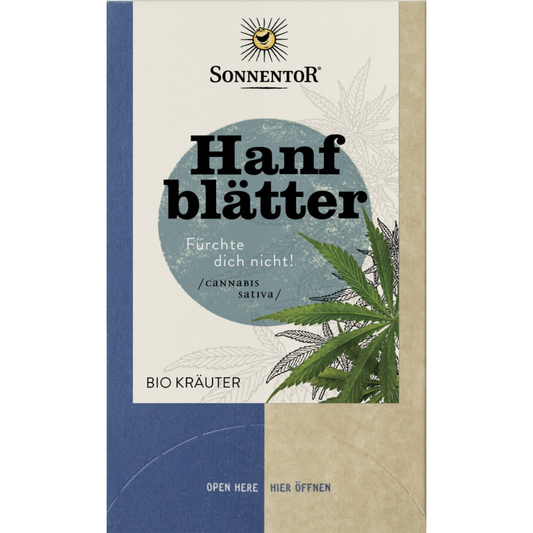Sonnentor Hanfblätter Bio Kräutertee in dekorativer Verpackung mit Hanfblatt-Illustration – naturbelassene Cannabis-sativa-Blätter als Tee