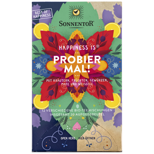 Sonnentor Happiness is Probier mal Tee-Sortiment mit 12 Bio-Teemischungen aus Kräutern, Früchten, Gewürzen, Mate und Weißtee – bunte Geschenkverpackung