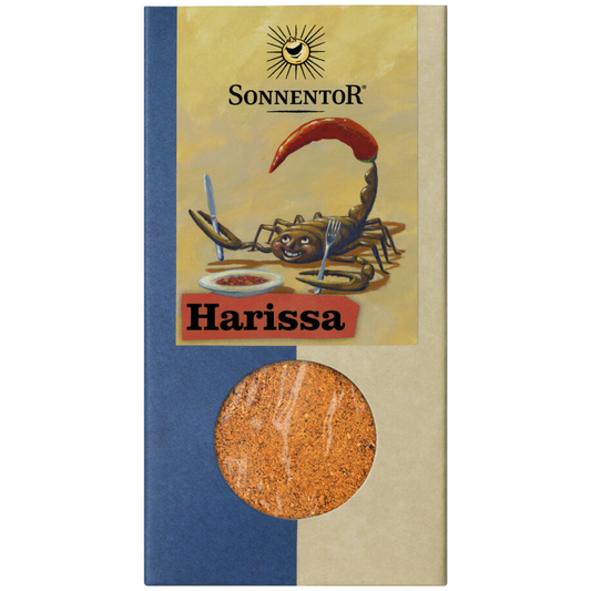 Sonnentor Harissa Gewürzmischung in dekorativer Verpackung mit Sichtfenster – scharf-würzige Bio-Mischung mit orientalischem Flair