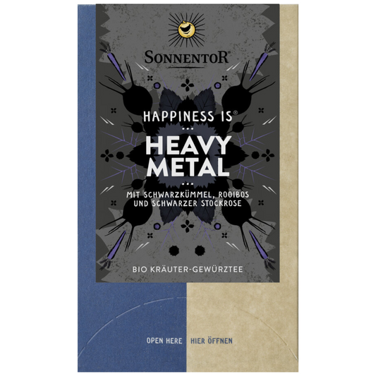 Sonnentor Bio-Kräutertee „Happiness is … Heavy Metal“ in stylischer Verpackung – mit Schwarzkümmel, Rooibos und schwarzer Stockrose