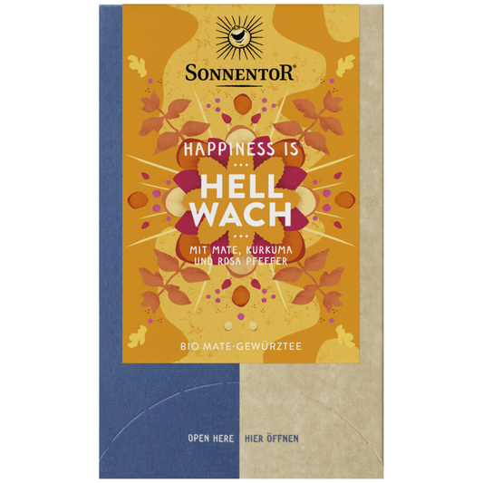 Sonnentor Bio-Tee „Happiness is Hellwach“ mit Mate, Kurkuma und rosa Pfeffer – belebender Kräuter-Gewürztee in dekorativer Verpackung