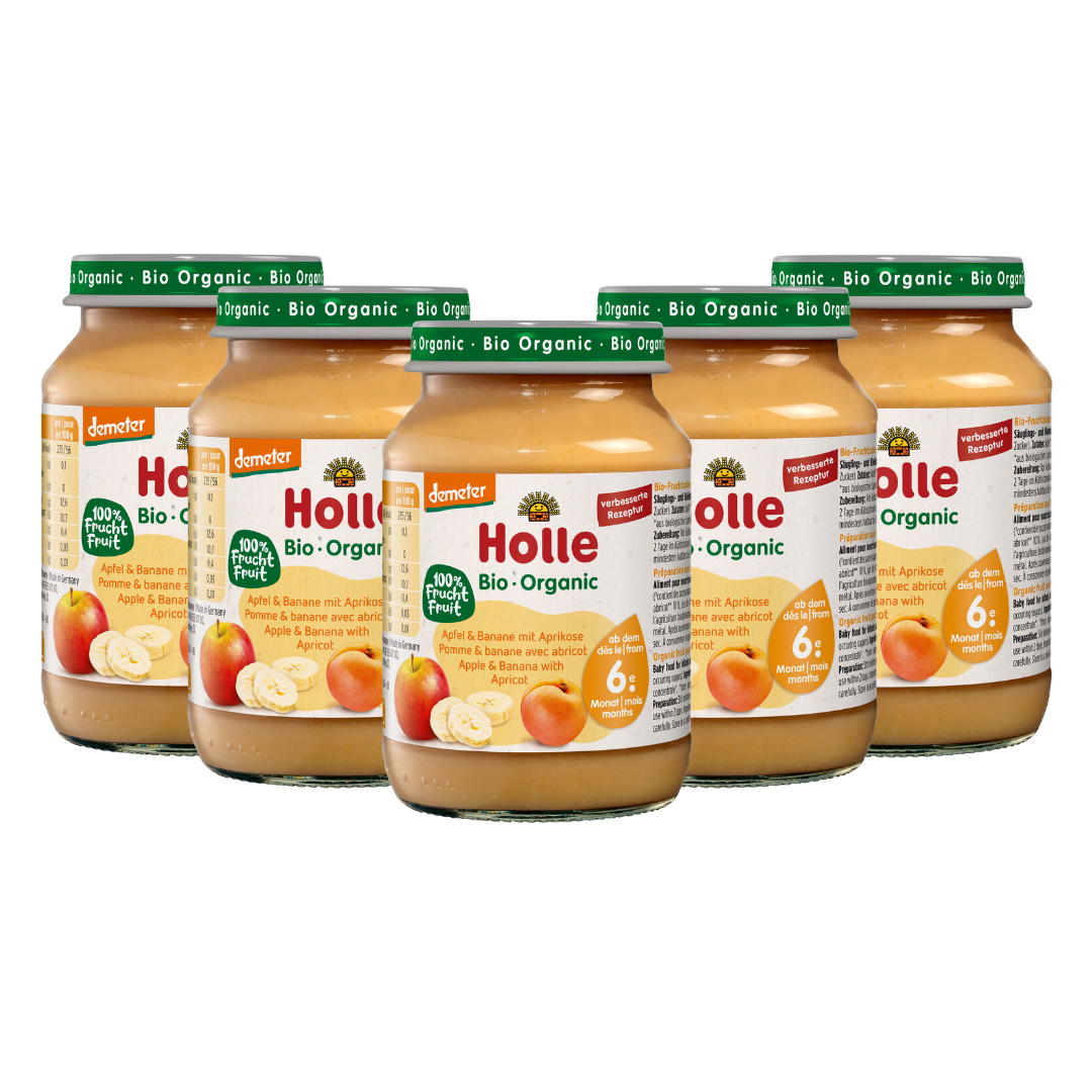 6er-Pack Holle Bio-Babygläschen Apfel & Banane mit Aprikose – ab dem 6. Monat – 100 % Frucht, Demeter-zertifiziert