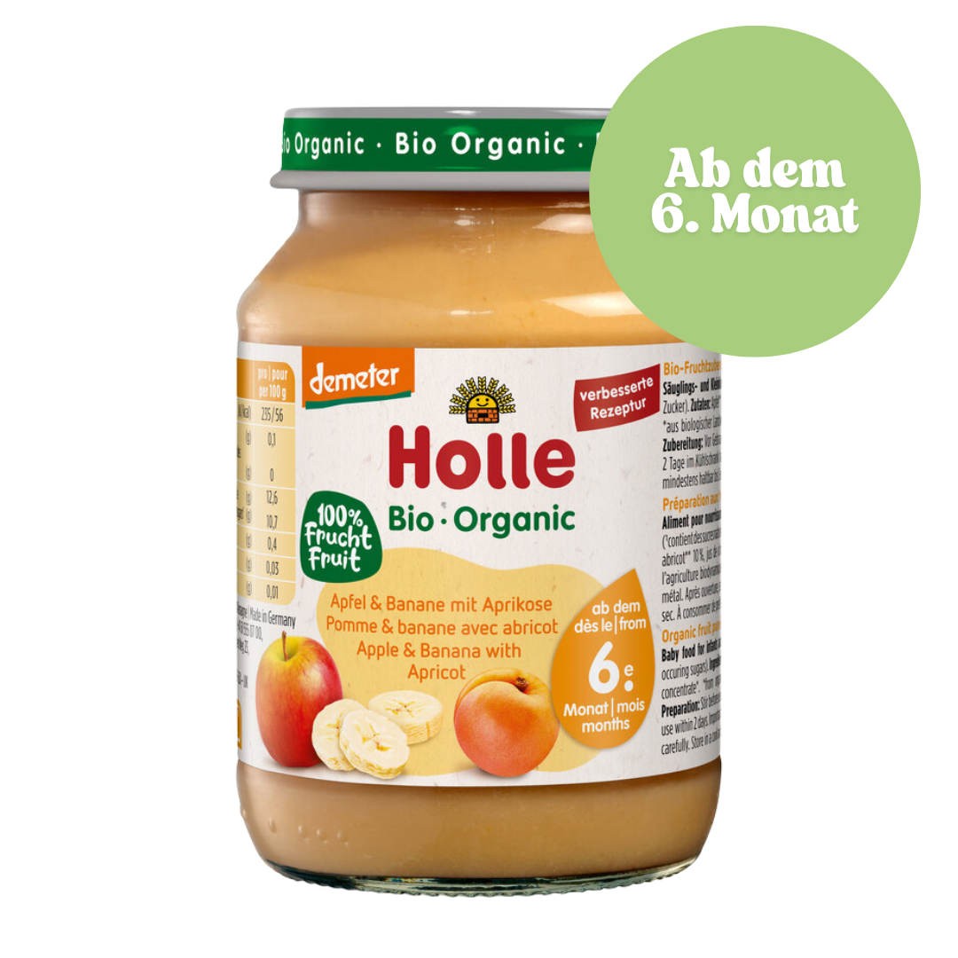 Holle Bio-Babybrei Apfel & Banane mit Aprikose im 190 g Glas – ab dem 6. Monat – 100 % Frucht, Demeter-Qualität