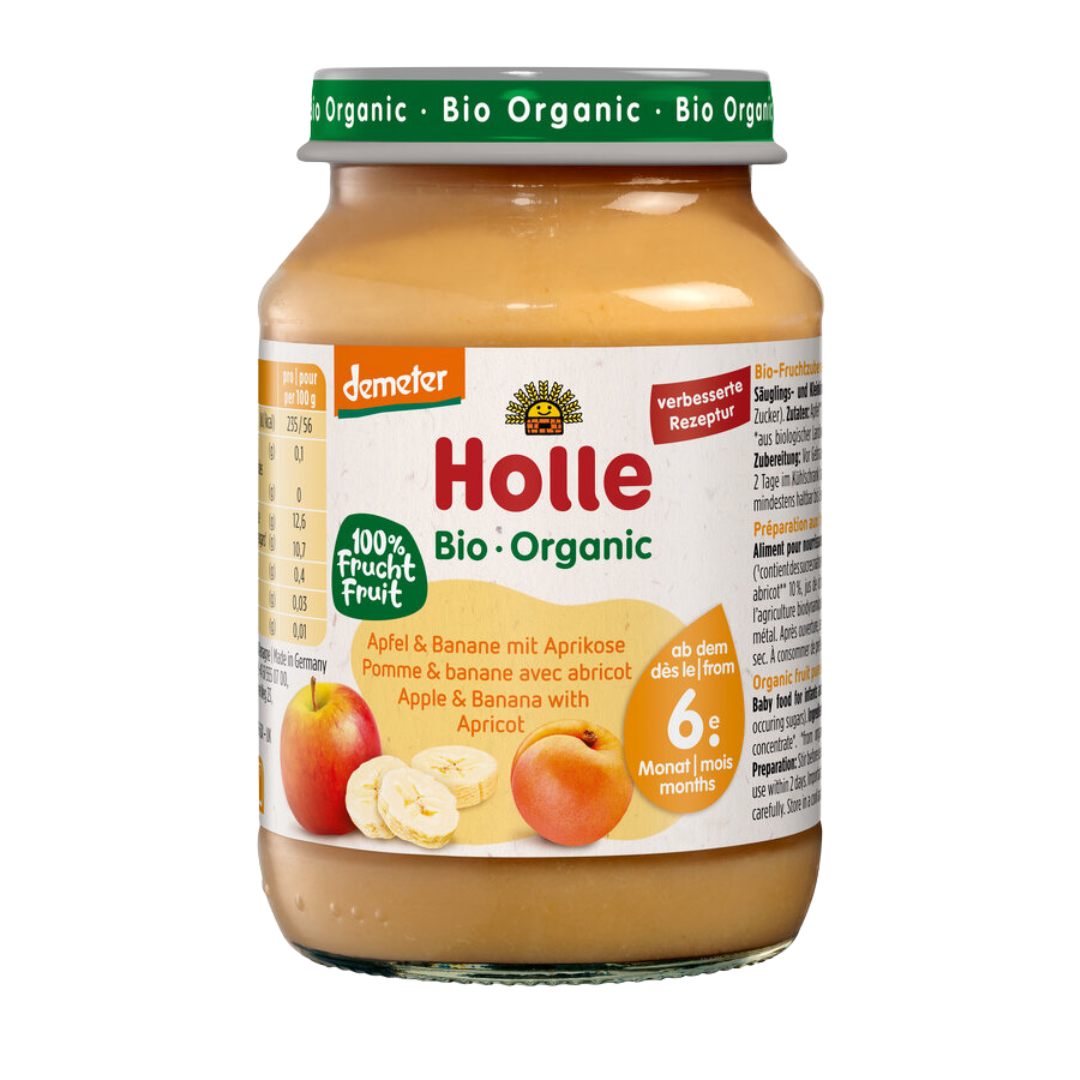 Holle Bio-Babygläschen Apfel & Banane mit Aprikose – 190 g Glas, 100 % Frucht, Demeter-zertifiziert, geeignet ab dem 6. Monat
