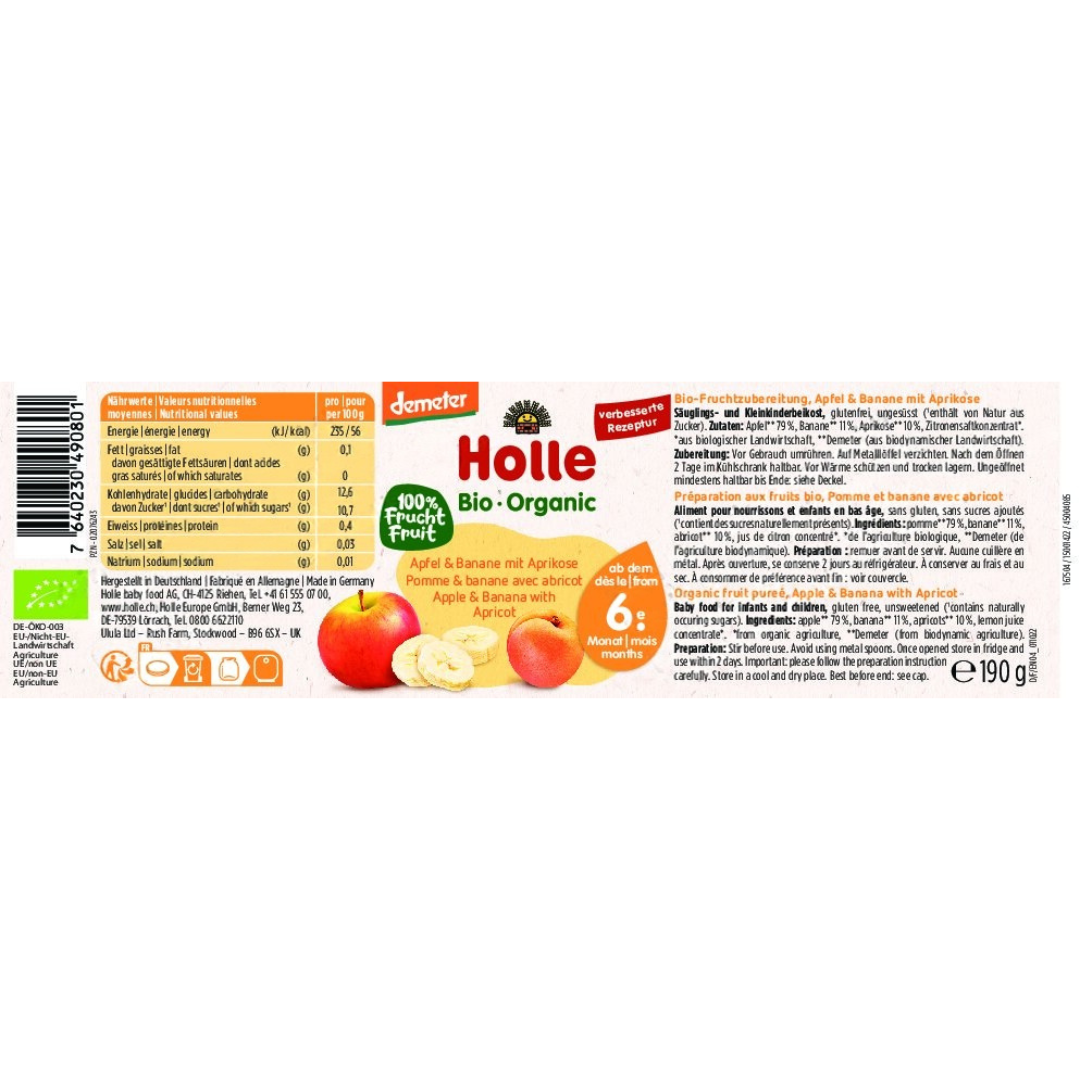 Zutatenliste und Nährwertangaben des Holle Babygläschens Apfel & Banane mit Aprikose – Bio-Fruchtzubereitung ab dem 6. Monat
