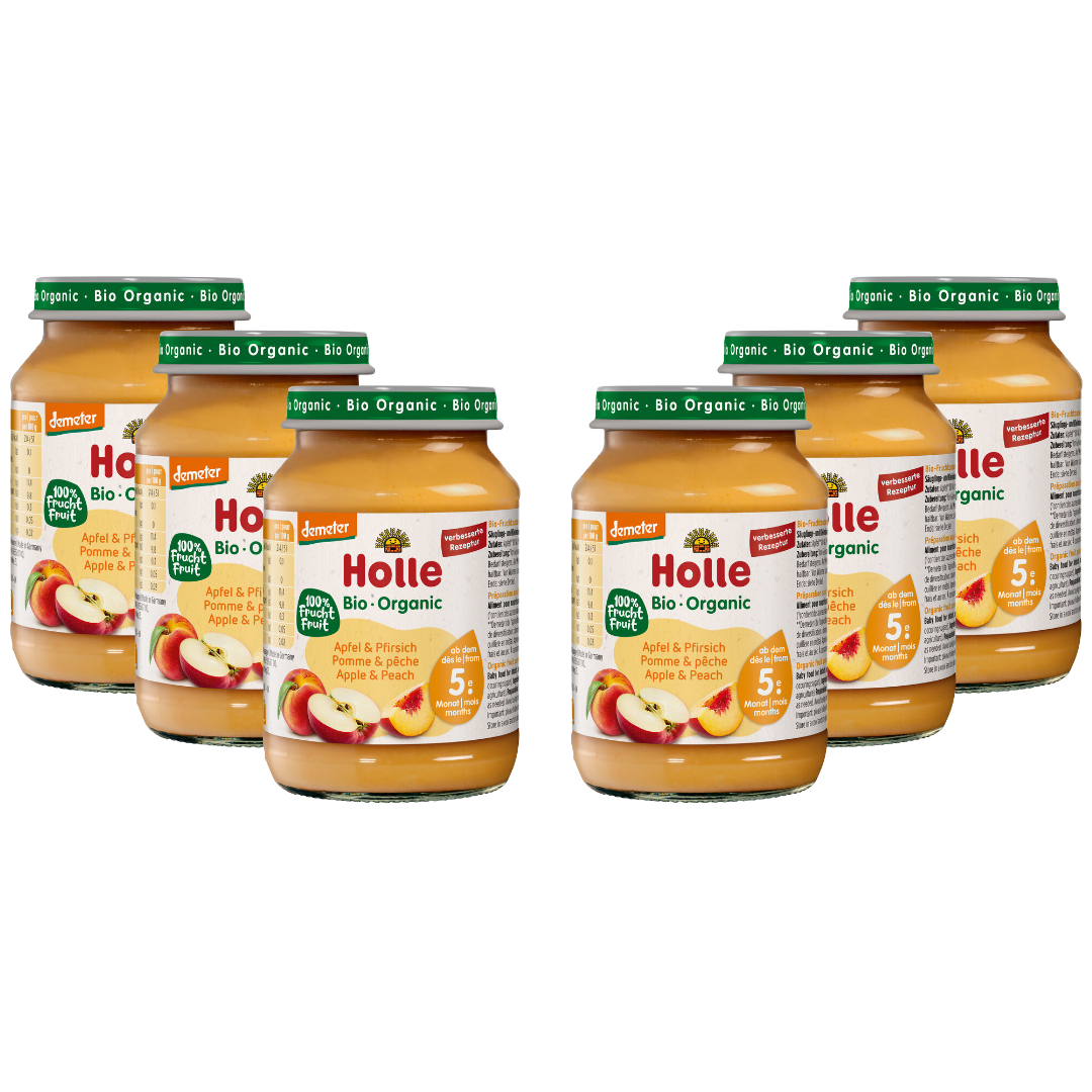 Holle Bio-Fruchtbrei Apfel & Pfirsich im 6er-Pack – milder Fruchtgenuss ab dem 5. Monat für Babys