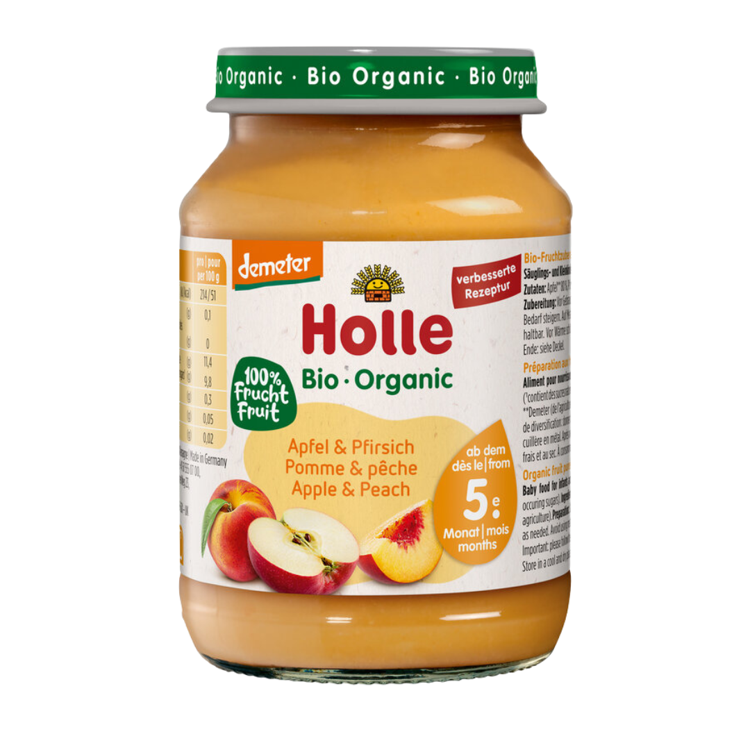 Holle Bio-Fruchtgläschen Apfel & Pfirsich ab dem 5. Monat – 100 % Frucht ohne Zuckerzusatz in Demeter-Qualität.