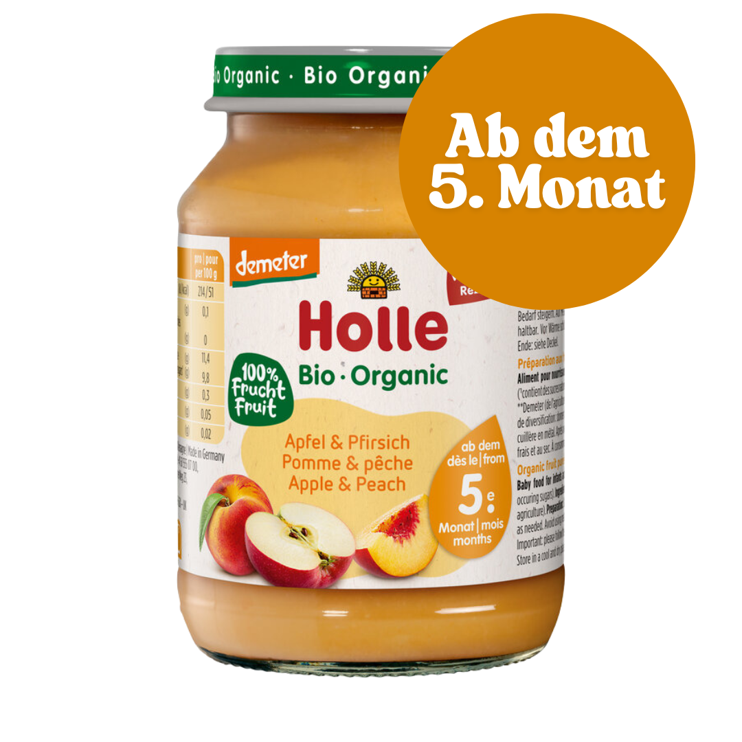 Holle Fruchtbrei Apfel & Pfirsich – fruchtiger Babybrei für Babys ab 5 Monaten ohne zugesetzten Zucker.