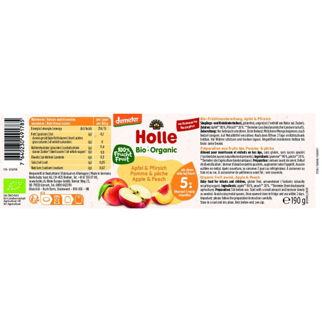 Etikett des Holle Bio-Gläschens Apfel & Pfirsich mit Zutaten, Nährwerten und Anwendungshinweisen.