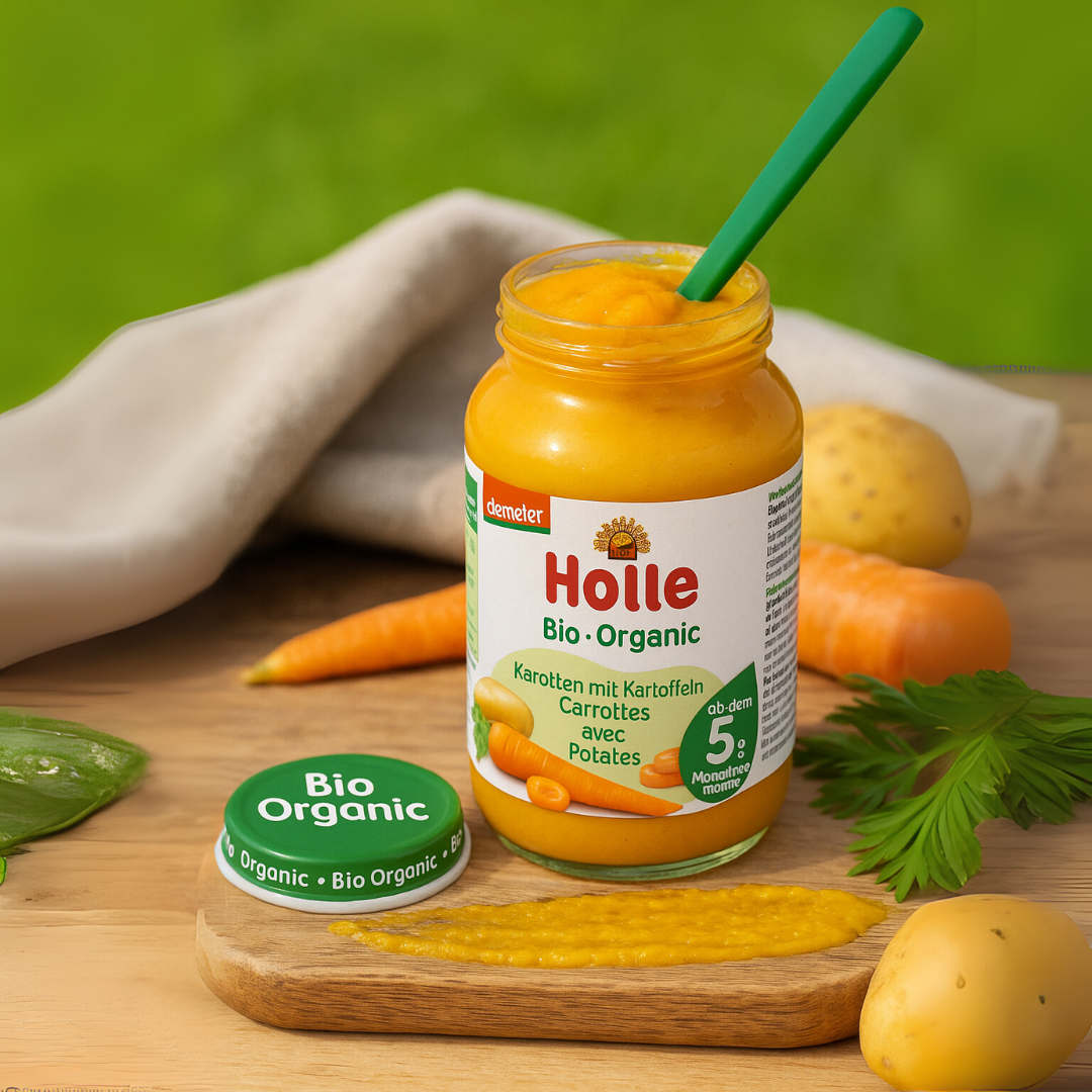 Holle Bio-Gläschen Karotten mit Kartoffeln geöffnet – Moodbild mit frischer Karotte und Kartoffel

