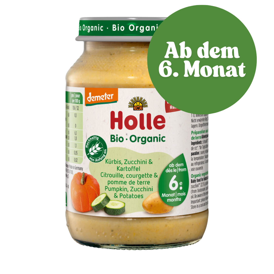 Holle Babybrei Kürbis Zucchini Kartoffel – milder Bio-Gemüsebrei für Babys ab 6 Monaten.