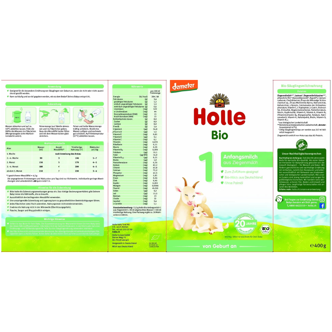 Etikett Holle Bio Anfangsmilch 1 aus Ziegenmilch – Nährwerte, Zubereitung und Anwendung von Geburt an