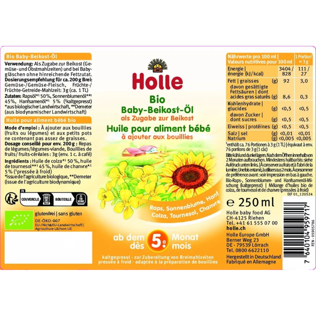 Etikett Holle Bio Baby-Beikost-Öl 250 ml – Nährwerte, Zutaten und Anwendungsempfehlung ab dem 5. Monat.