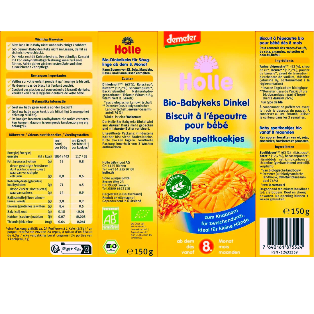 Etikett Holle Bio-Babykeks Dinkel – Zutaten, Nährwerte, Sicherheitshinweise und Anwendung ab dem 8. Monat.