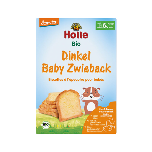 Holle Bio Baby Zwieback aus Dinkel – idealer Snack für Babys nach dem 6. Monat, Demeter-zertifiziert.