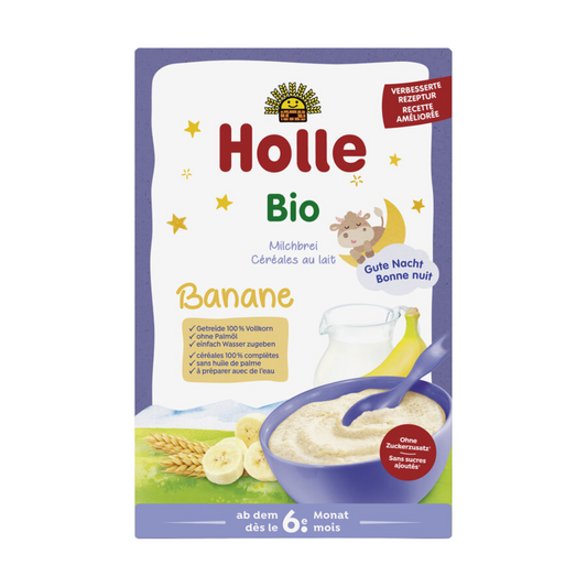 Holle Bio Milchbrei Banane ab dem 6. Monat – Vollkorngetreide, ohne Palmöl, mit verbesserter Rezeptur.