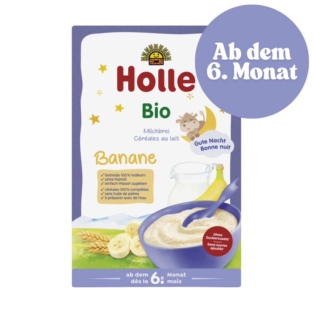 Holle Bio Milchbrei Banane – Babynahrung ab dem 6. Monat mit Banane und Vollkorn, ohne Zuckerzusatz.