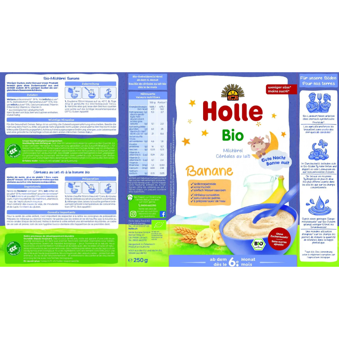 Etikett Holle Bio Milchbrei Banane – Zubereitung, Nährwerte und Inhaltsstoffe ab dem 6. Monat.