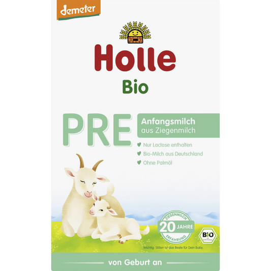 Holle Bio PRE Anfangsmilch aus Ziegenmilch – von Geburt an, mit Laktose, ohne Palmöl, Demeter-zertifiziert.
