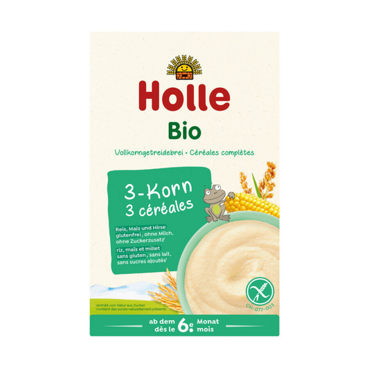 Holle Bio 3-Korn Vollkorngetreidebrei – glutenfreier Getreidebrei mit Reis, Mais und Hirse ab dem 6. Monat.