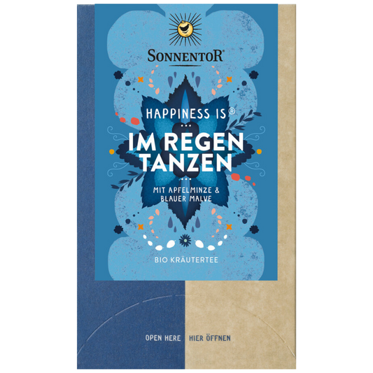 Sonnentor Happiness Is – Im Regen tanzen Tee mit Apfelminze und blauer Malve in dekorativer blauer Verpackung