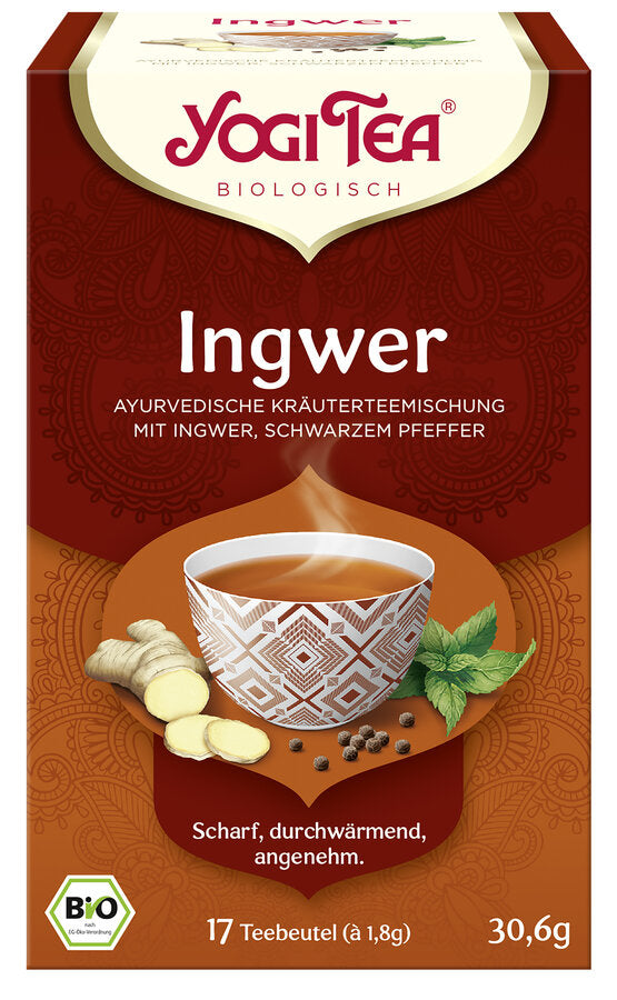 Eine Packung des 'Ingwer' Tees von Yogi Tea. Die Verpackung ist rot-orange und zeigt eine Illustration einer Tasse Tee mit einem geometrischen Muster, umgeben von Ingwer, schwarzem Pfeffer und Minzblättern. Oben steht in roter Schrift 'Yogi Tea' und darunter 'Biologisch'. Die Teesorte ist als 'Ayurvedische Kräuterteemischung mit Ingwer, schwarzem Pfeffer' beschrieben. Unten steht 'Scharf, durchwärmend, angenehm'. Es sind 17 Teebeutel à 1,8 g enthalten, insgesamt 30,6 g. Unten links ist das Bio-Siegel