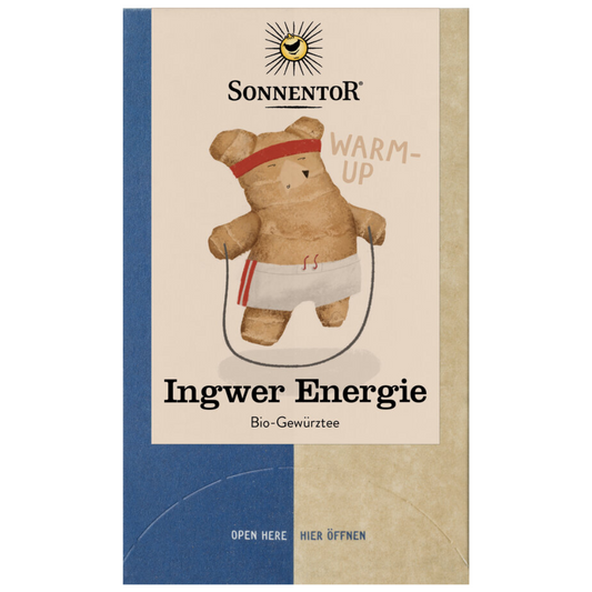 Sonnentor Ingwer Energie Tee – Bio-Gewürztee mit Ingwer und belebender Schärfe, Verpackung mit springendem Ingwer-Bären