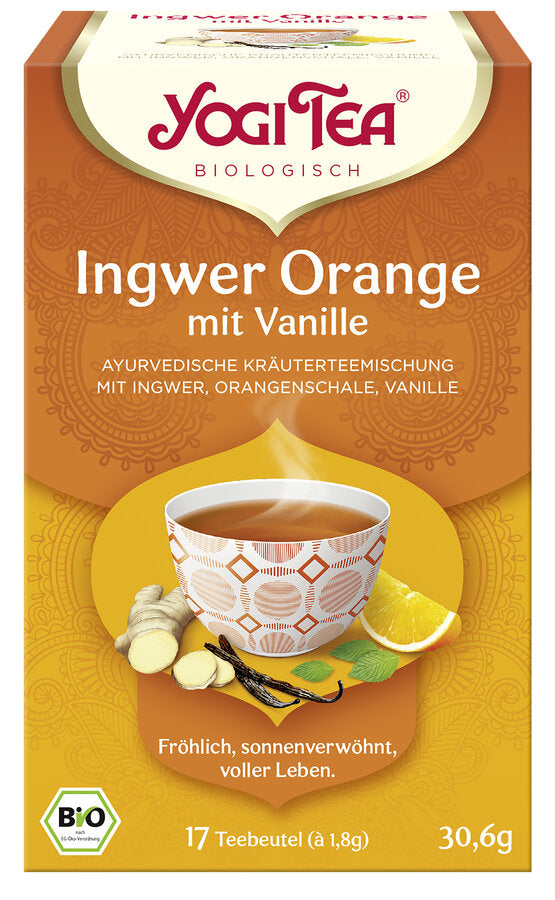 Eine Packung des 'Ingwer Orange mit Vanille' Tees von Yogi Tea. Die Verpackung ist orange und zeigt eine Illustration einer Tasse Tee mit einem geometrischen Muster, umgeben von Ingwer, Orangenschale, Vanilleschoten und Minzblättern. Oben steht in roter Schrift 'Yogi Tea' und darunter 'Biologisch'. Die Teesorte ist als 'Ayurvedische Kräuterteemischung mit Ingwer, Orangenschale, Vanille' beschrieben. Unten steht 'Fröhlich, sonnenverwöhnt, voller Leben'. Es sind 17 Teebeutel à 1,8g enthalten, insgesamt 30,6g 