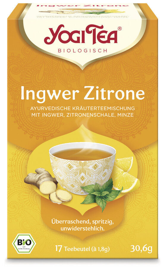 Eine Packung des 'Ingwer Zitrone' Tees von Yogi Tea. Die Verpackung ist gelb-orange und zeigt eine Illustration einer Tasse Tee mit einem geometrischen Muster, umgeben von Ingwer, Zitronenscheiben und Minzblättern. Oben steht in roter Schrift 'Yogi Tea' und darunter 'Biologisch'. Die Teesorte ist als 'Ayurvedische Kräuterteemischung mit Ingwer, Zitronenschale, Minze' beschrieben. Unten steht 'Überraschend, spritzig, unwiderstehlich'. Es sind 17 Teebeutel à 1,8 g enthalten, insgesamt 30,6 g.