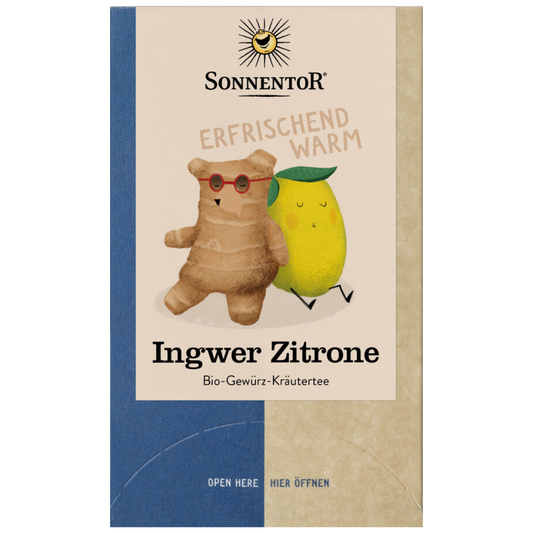 Sonnentor Bio-Tee Ingwer Zitrone – belebender Gewürz-Kräutertee in nachhaltiger Verpackung