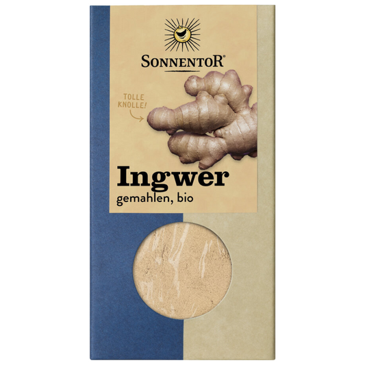 Sonnentor Ingwer gemahlen bio – feines Ingwerpulver aus kontrolliert biologischem Anbau in typischer Sonnentor Verpackung mit Sichtfenster