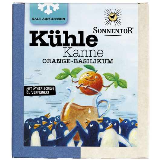 Sonnentor Kühle Kanne Orange-Basilikum – erfrischender Bio Tee zum kalt aufgießen mit ätherischem Öl, Verpackung mit Pinguin-Motiv
