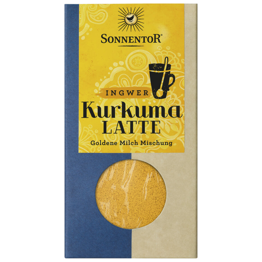 Sonnentor Kurkuma Latte Ingwer – goldene Milch Mischung mit Ingwer in typischer gelber Verpackung mit Sichtfenster
