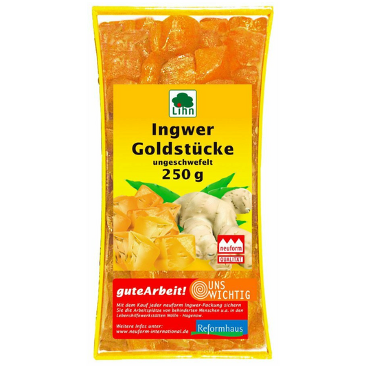 Lihn Ingwer Goldstücke ungeschwefelt 250g – kandierter Ingwer in Reformhaus-Qualität, ohne Schwefel, aromatisch-scharf