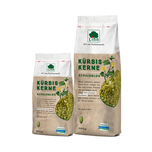 Lihn Kürbiskerne schalenlos 500g und 1000g im Vergleich – aromatische Kürbiskerne aus der Steiermark in Reformhaus-Qualität