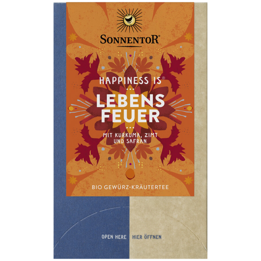 Sonnentor Lebensfeuer Tee aus der Happiness is Serie – Bio Gewürz-Kräutertee mit Kurkuma, Zimt und Safran in orange-roter Verpackung