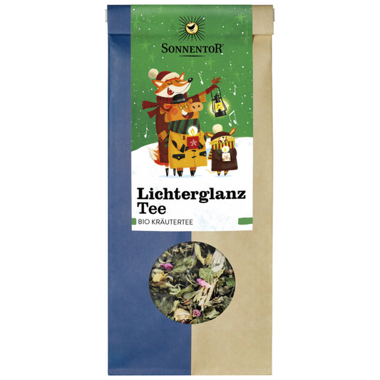 Sonnentor Lichterglanz Tee Bio-Kräutertee lose, Verpackung mit Sichtfenster und Wintermotiv