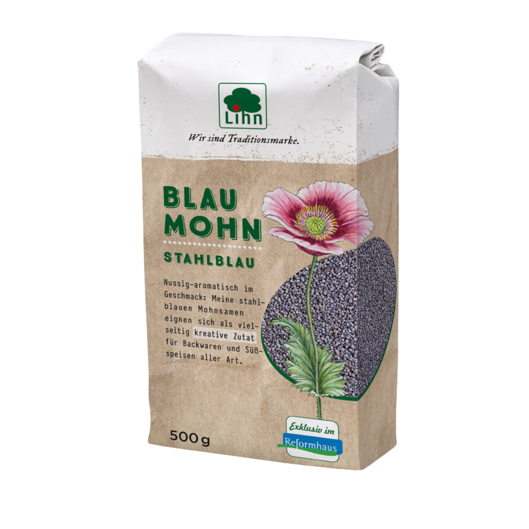 Frontansicht Lihn Blaumohn Stahlblau 500 g – nussig-aromatische, stahlblaue Mohnsamen als kreative Zutat für süße und herzhafte Backrezepte, exklusiv im Reformhaus