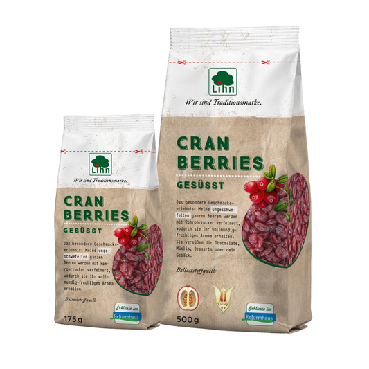 Packshot der Lihn Cranberries gesüßt in 175 g und 500 g – naturbelassene, süße Trockenfrüchte mit vollem Aroma, erhältlich im Reformhaus