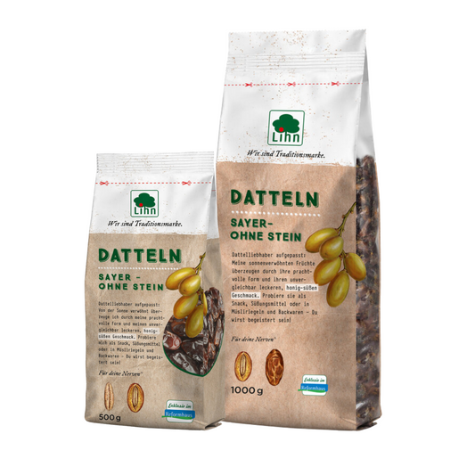 Packshot der Lihn Datteln Sayer ohne Stein in 500 g und 1000 g – sonnenverwöhnte, entsteinte Datteln für vielseitigen Genuss im Reformhaus