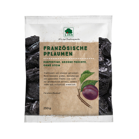 Frontansicht Lihn Französische Pflaumen 250 g – entsteinte, essfertige Trockenpflaumen aus Frankreich mit süß-aromatischem Geschmack