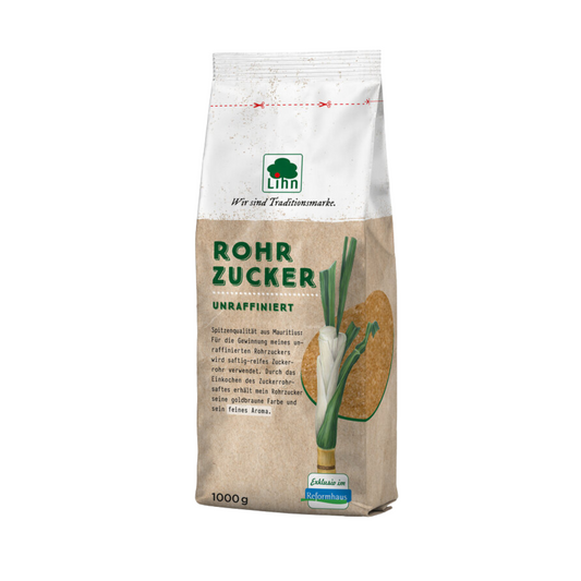 Frontansicht Lihn Rohrohrzucker unraffiniert 1000 g – naturbelassener Bio-Zucker aus Mauritius mit goldbrauner Farbe und feinem Karamellaroma, exklusiv im Reformhaus