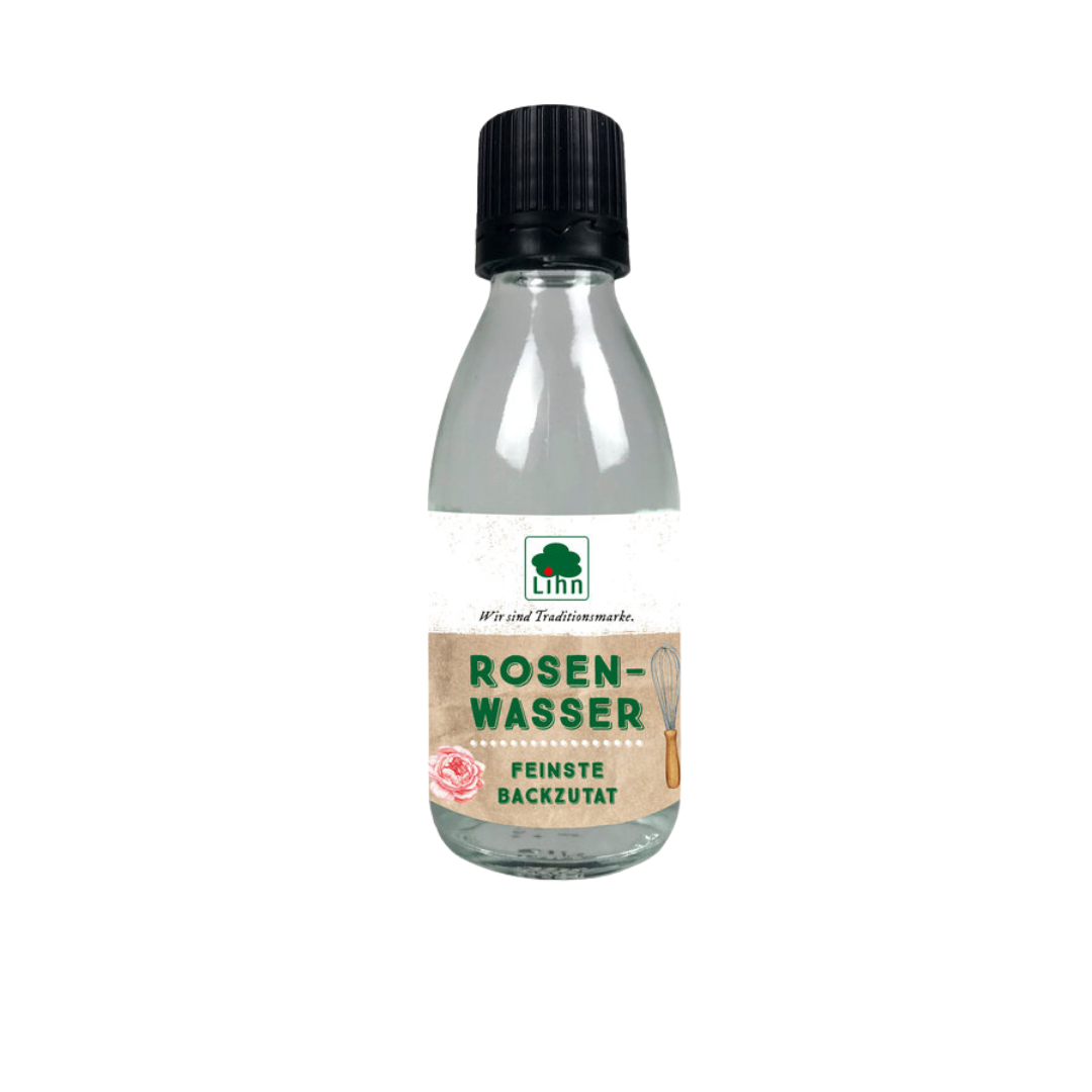 Flasche Lihn Rosenwasser – feine Backzutat mit zart-blumigem Rosenduft, ideal für orientalische Desserts, Gebäck und Süßspeisen
