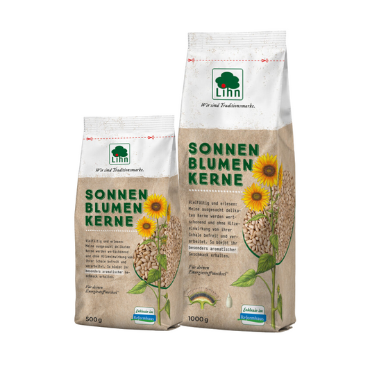 Packshot der Lihn Sonnenblumenkerne in 500 g und 1000 g – hochwertige Sonnenblumenkerne ohne Schale für eine bewusste Ernährung
