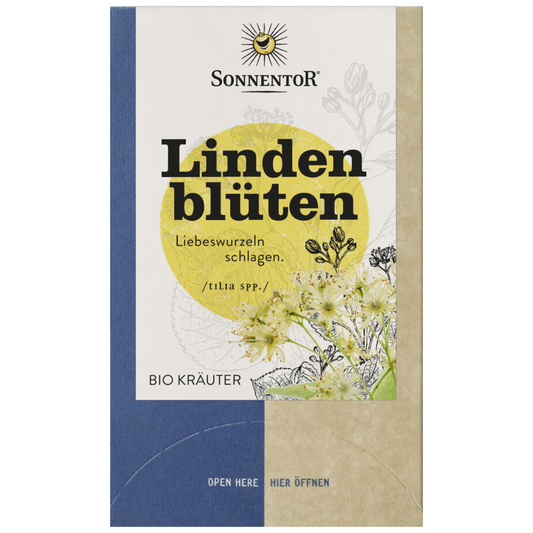 Sonnentor Bio Lindenblüten Kräutertee – Verpackung mit gelbem Kreis, Blütengrafik und Schriftzug 'Liebeswurzeln schlagen', 50g