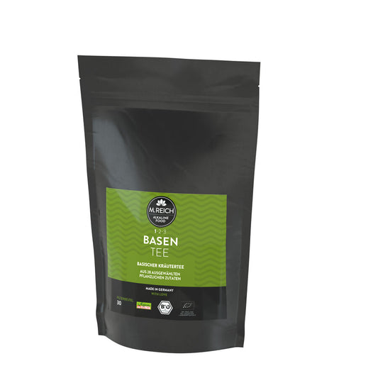 Bio Basentee von M. Reich – basischer Kräutertee aus 28 pflanzlichen Zutaten, 30 Filterbeutel, Produktabbildung Vorderseite