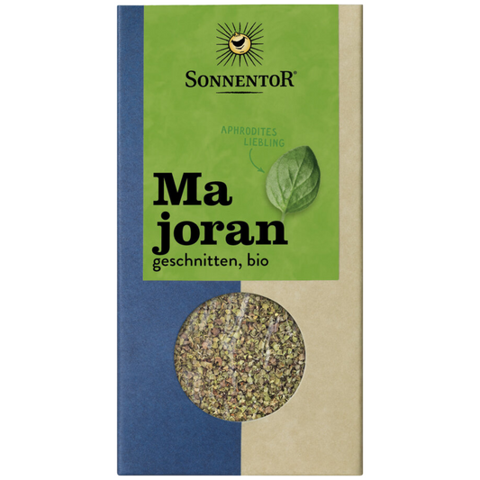Sonnentor Bio Majoran geschnitten – aromatisches Küchengewürz in nachhaltiger Verpackung mit Sichtfenster