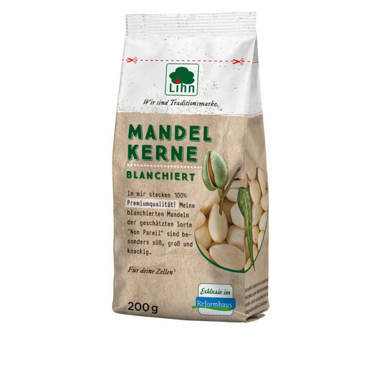Lihn Mandelkerne blanchiert 200g – geschälte Mandeln der Sorte Non Pareil in Premiumqualität, süß und knackig, exklusiv im Reformhaus