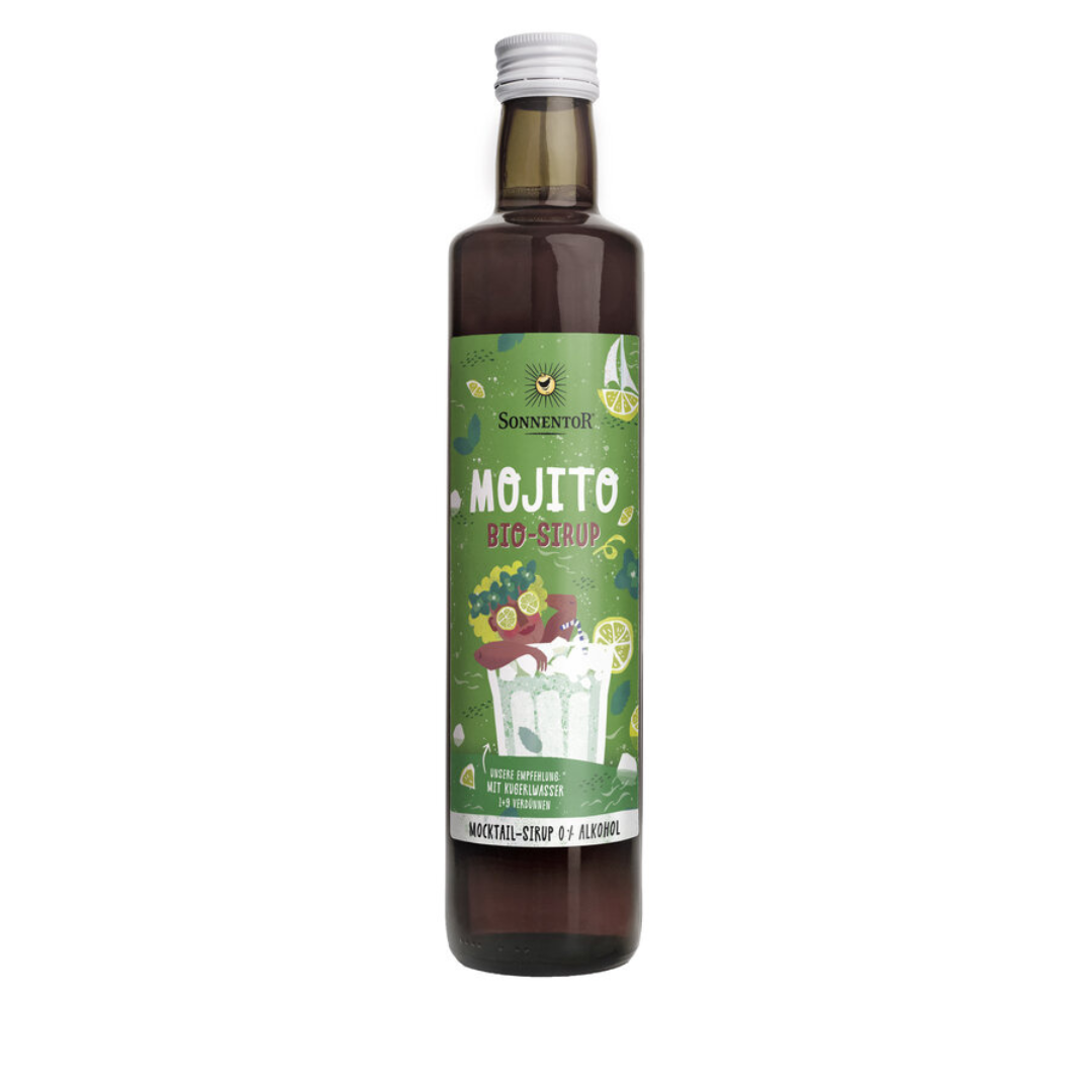 Sonnentor Mojito Bio Sirup – erfrischender Mocktail-Sirup ohne Alkohol mit Minze und Limette in Glasflasche